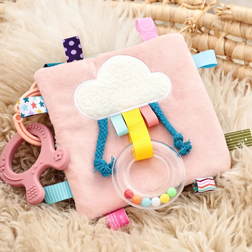 Baby Cloth Book with Bear & Goose, Sensory Crinkle Activity Book with Mirror, Teether, and Hanging Ring, Early Educational Toys