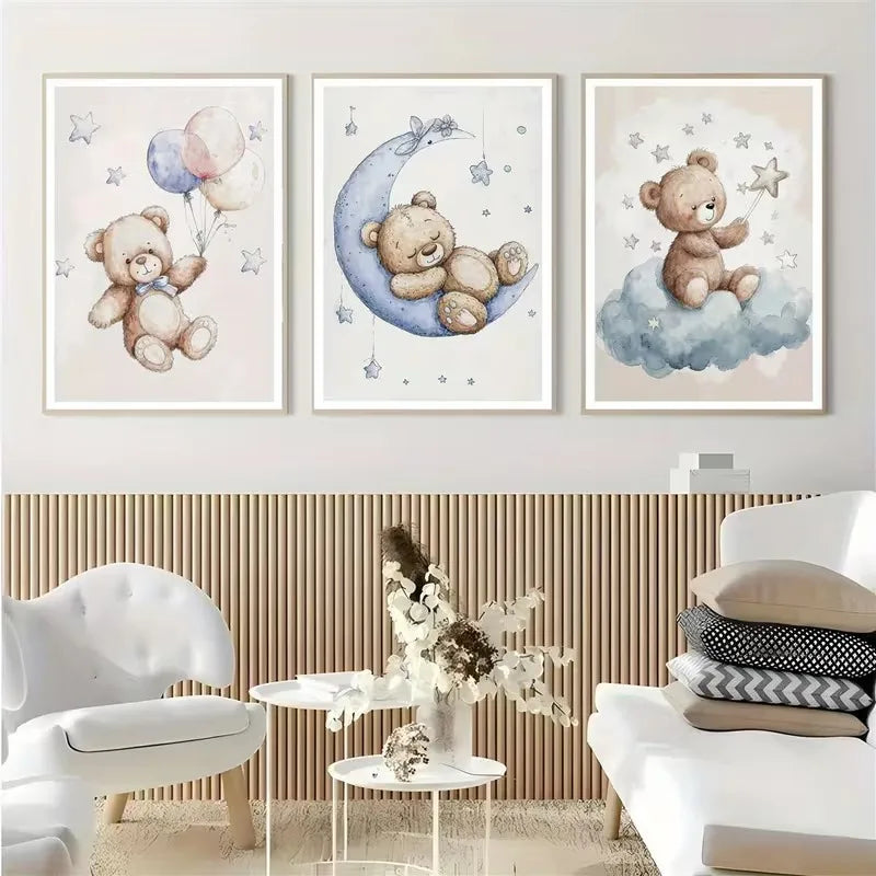 3pcs/set Bohemian Style Teddy Bear Animal Nursery Canvas Poster Stars Cloud Bears Wall Art Prints Modern Living Room Home Decor