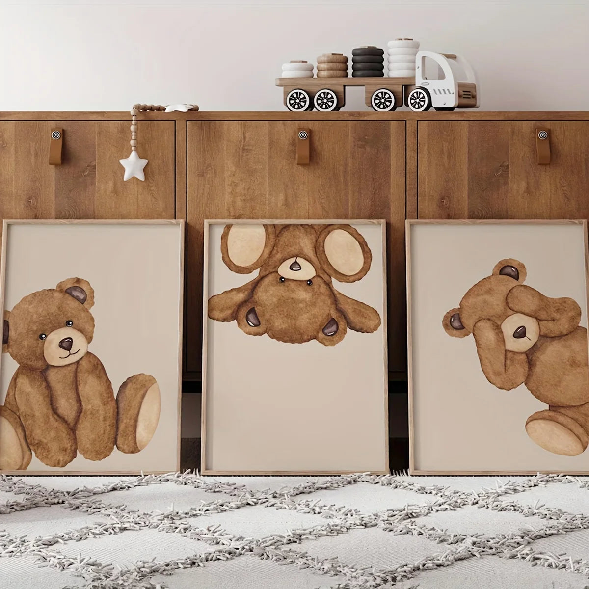 3pcs/set Bear Cartoon Animal Canvas Print Retro Beige Bear Teddy Wall Art Poster for Modern Living Room Bedroom Home Decor Gift