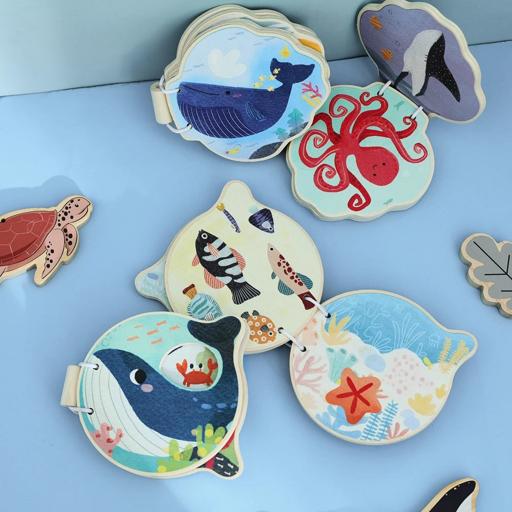 Baby Wooden Book Early Educational Toys Enlightenment Readings Montessori Marine Animals Illustration Cognitive Book for Toddler