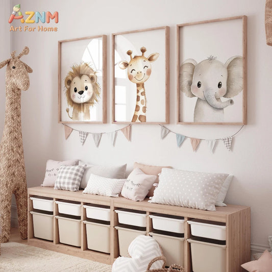 AZNM Cute Safari Animals Canvas Print, Watercolor Lion Giraffe Elephant Nursery Wall Art, Frameless Minimalist Kids Room Decor f