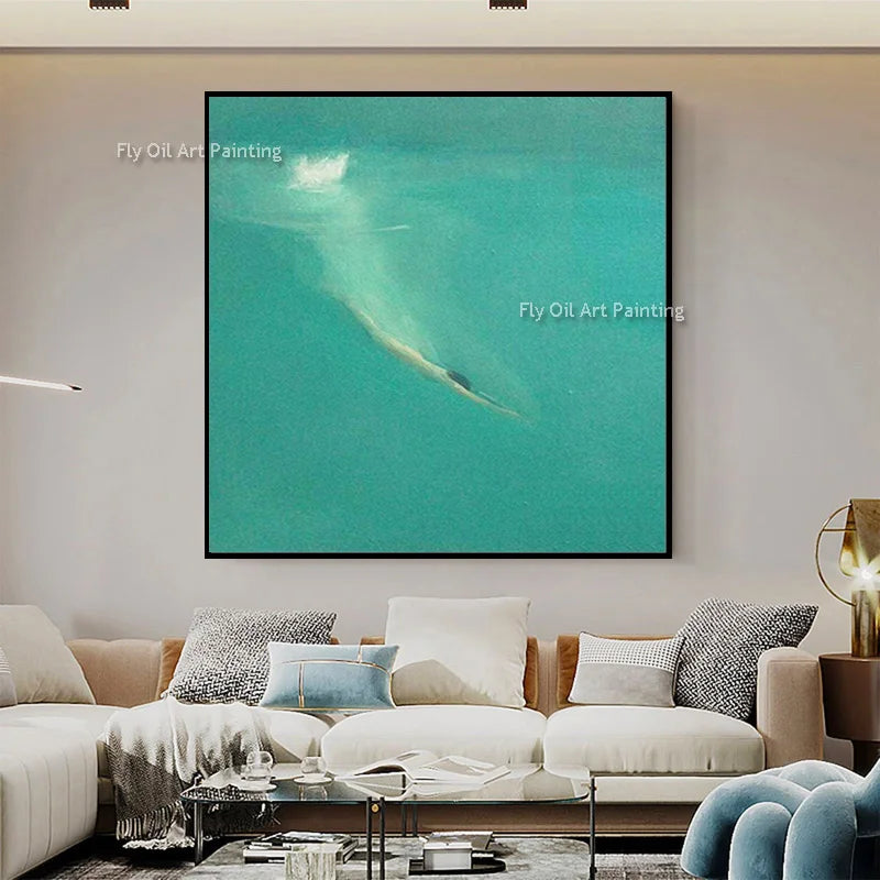 Original Blue Green People Set Sail Wall Art Decor For Room Handpainted Light Blue Seascape Fashion Oil Painting Canvas Art