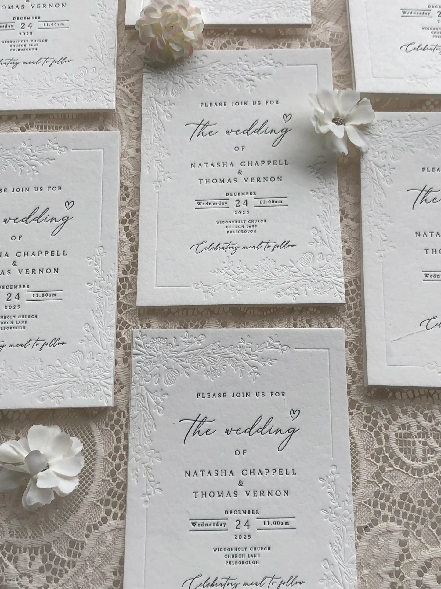 30pcs Personalized Wedding Invitations,Embossed Wedding Cards,450gsm Handmade Paper,Letterpress Embossing Floral Design