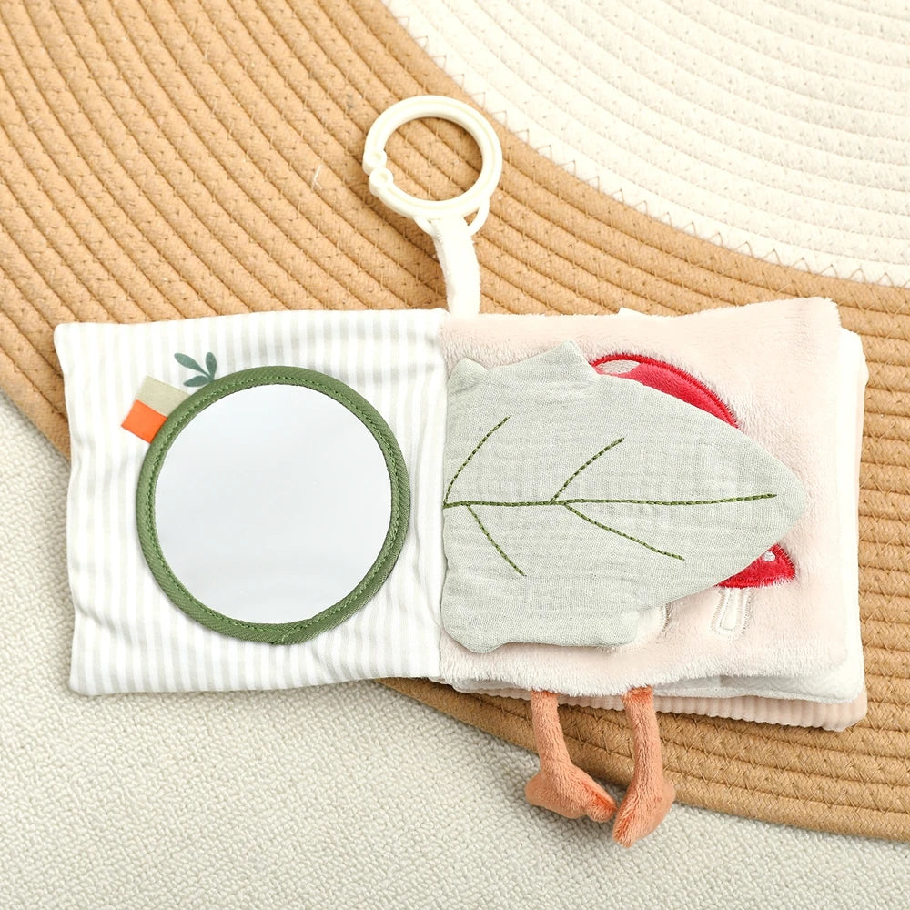 Baby Cloth Book with Bear & Goose, Sensory Crinkle Activity Book with Mirror, Teether, and Hanging Ring, Early Educational Toys
