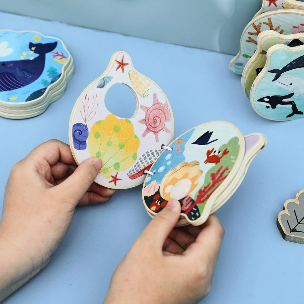 Baby Wooden Book Early Educational Toys Enlightenment Readings Montessori Marine Animals Illustration Cognitive Book for Toddler