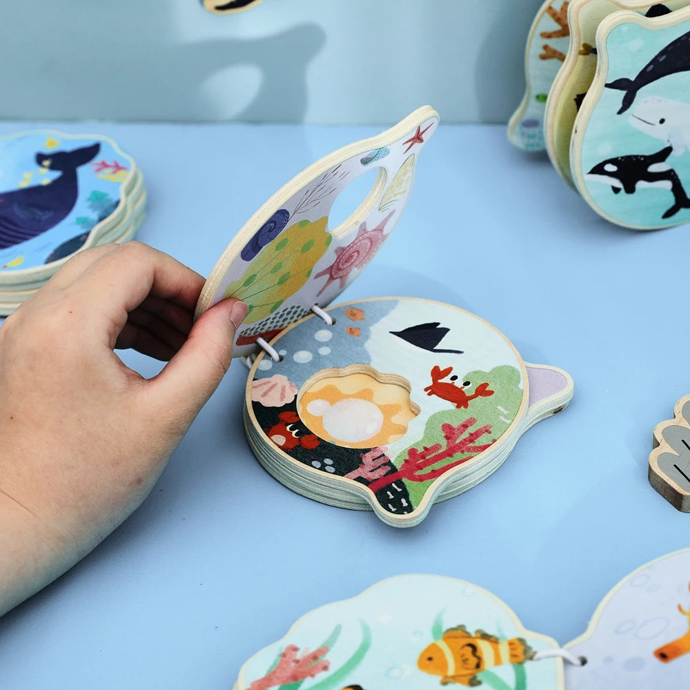 Baby Wooden Book Early Educational Toys Enlightenment Readings Montessori Marine Animals Illustration Cognitive Book for Toddler