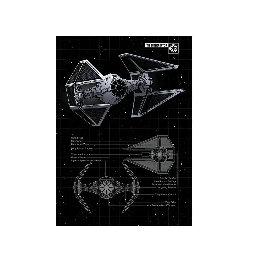 TIE Interceptor blueprint art print with technical schematics, perfect for Star Wars fans and home decor