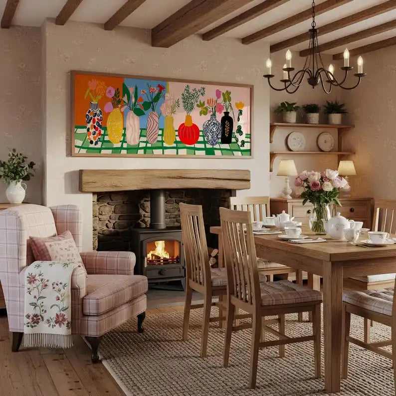 Large Abstract Matisse Style Floral Panoramic Canvas Prints, Unframed Modern Vase Canvas Wall Art for Living Room, Bedroom Decor