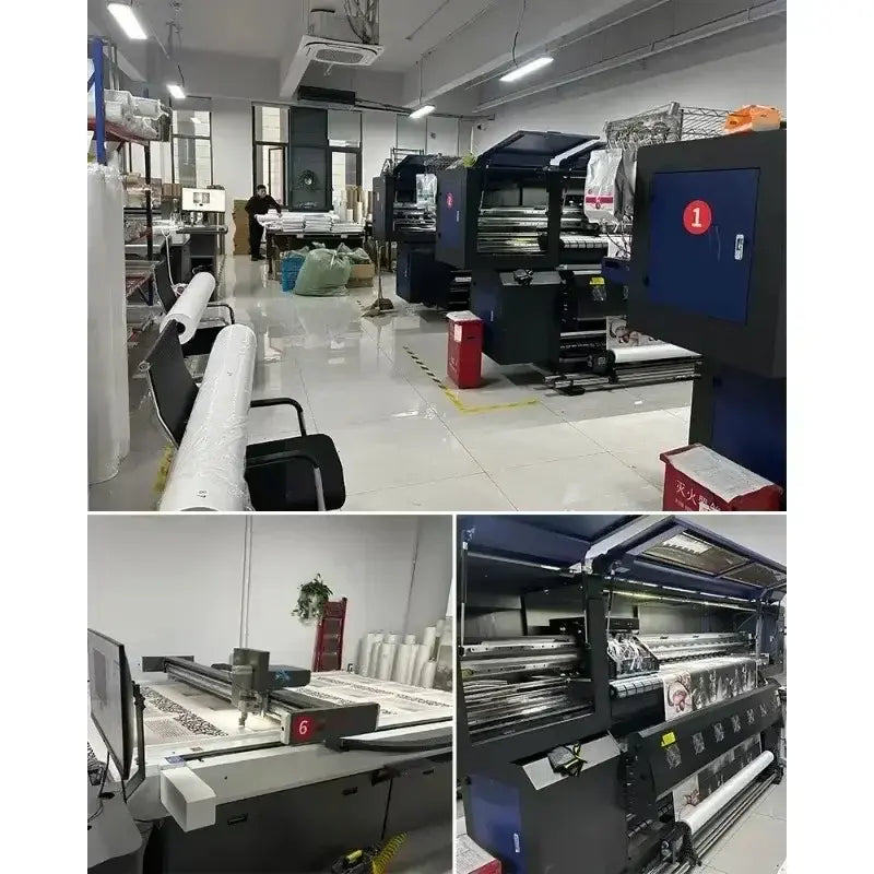 Professional digital printing facility with large format printers, rolls of paper, and production workflow for high-quality art prints