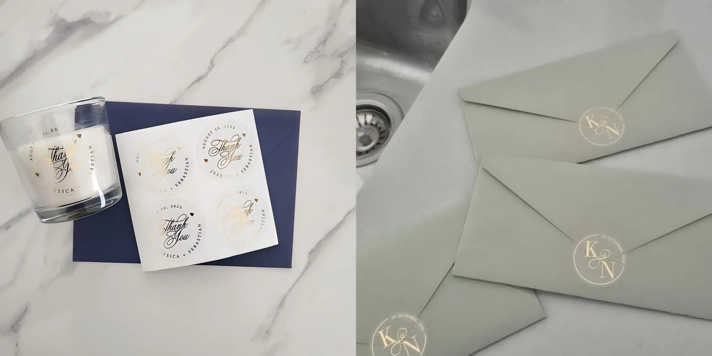 50pcs Custom Gold Foil Stickers Round Clear Label Wedding Party Envelope Gift Thank You Sticker Invitations Seals Support Hebrew