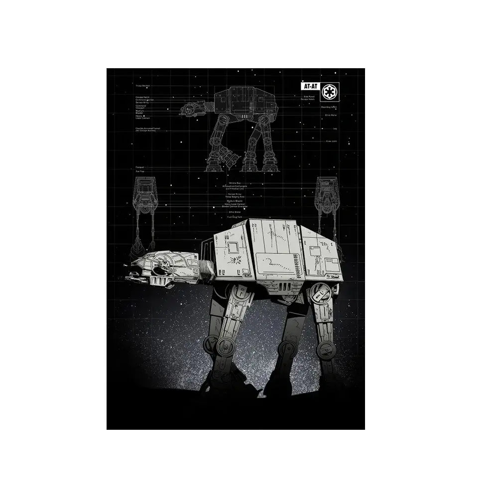 AT-AT Walker blueprint art print, sci-fi wall decor with starry space background, digital download