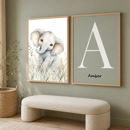 Personalized Letter Wall Art Cute Animal Canvas Painting Soft Nursery Poster Print Kids Room Wall Decor