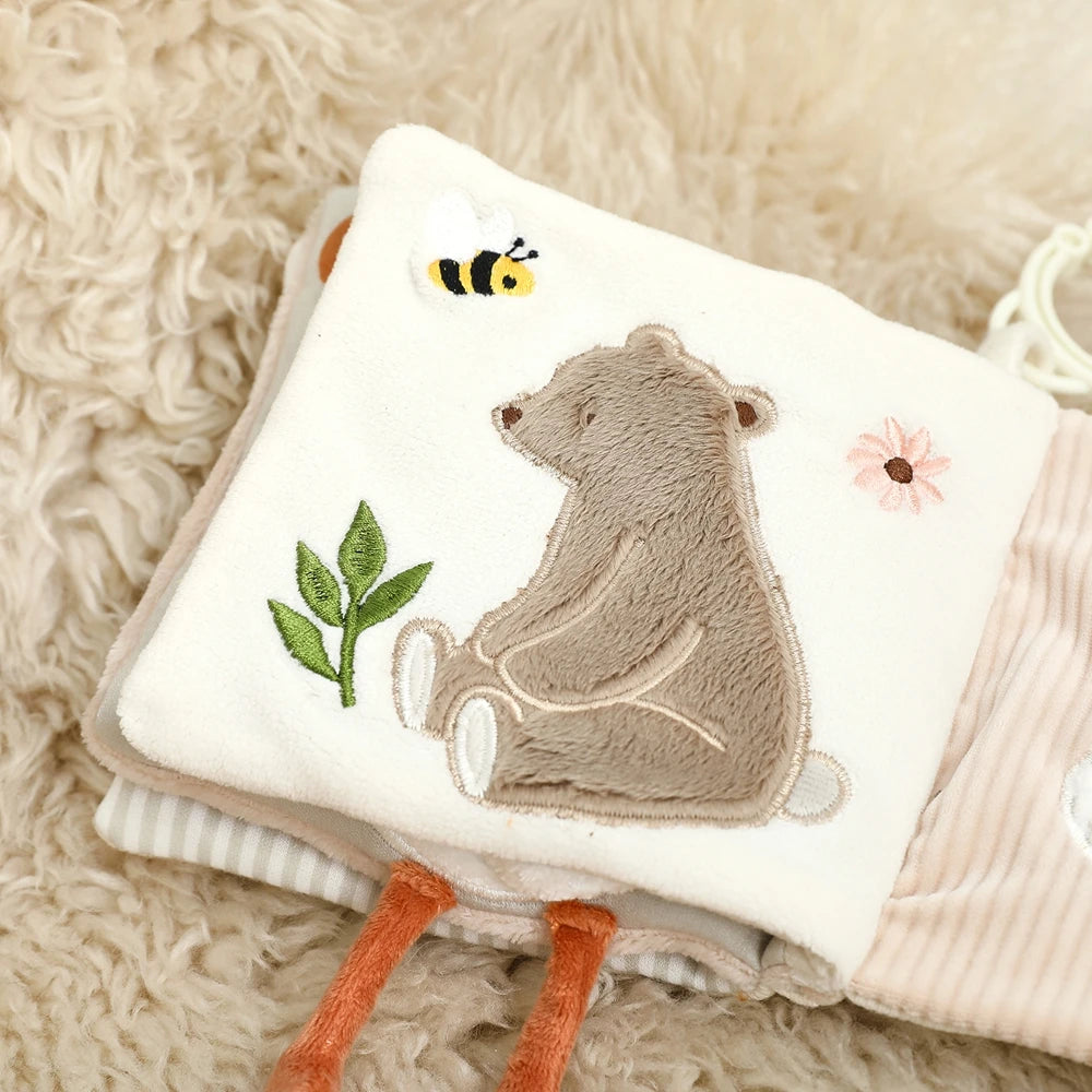 Baby Cloth Book with Bear & Goose, Sensory Crinkle Activity Book with Mirror, Teether, and Hanging Ring, Early Educational Toys