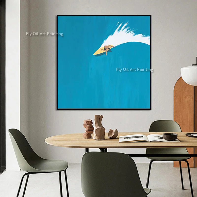 Original Blue Green People Set Sail Wall Art Decor For Room Handpainted Light Blue Seascape Fashion Oil Painting Canvas Art
