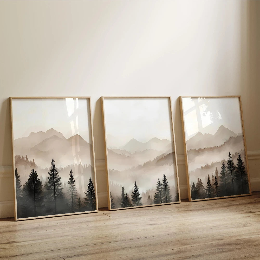 Abstract Forest Mountains Triptych Art Minimalist Modern Foggy Landscape Prints Set of 3 Printable Neutral Nature Wall Art Gift