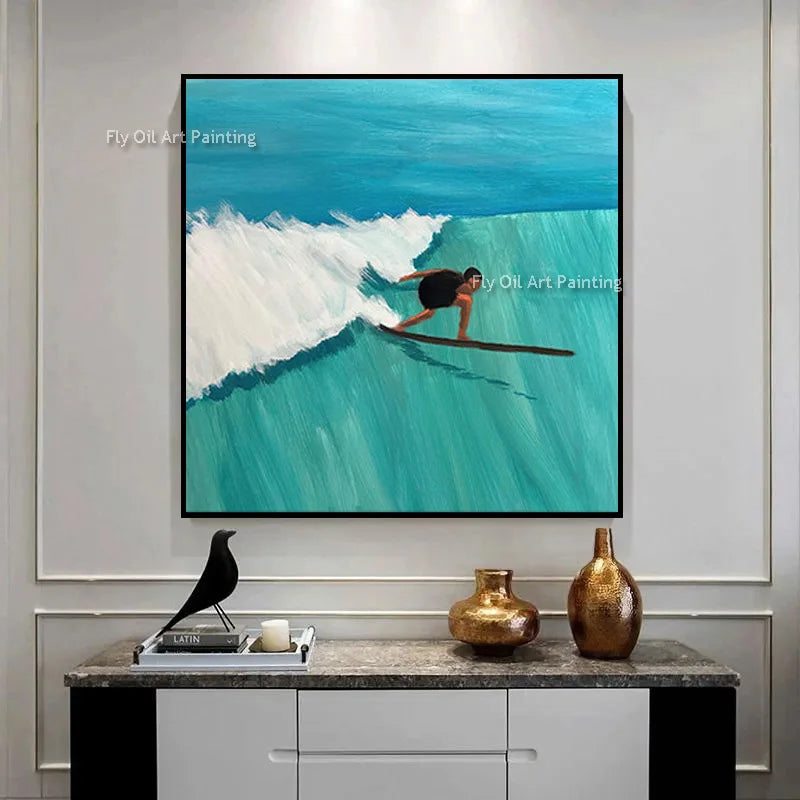 Original Blue Green People Set Sail Wall Art Decor For Room Handpainted Light Blue Seascape Fashion Oil Painting Canvas Art