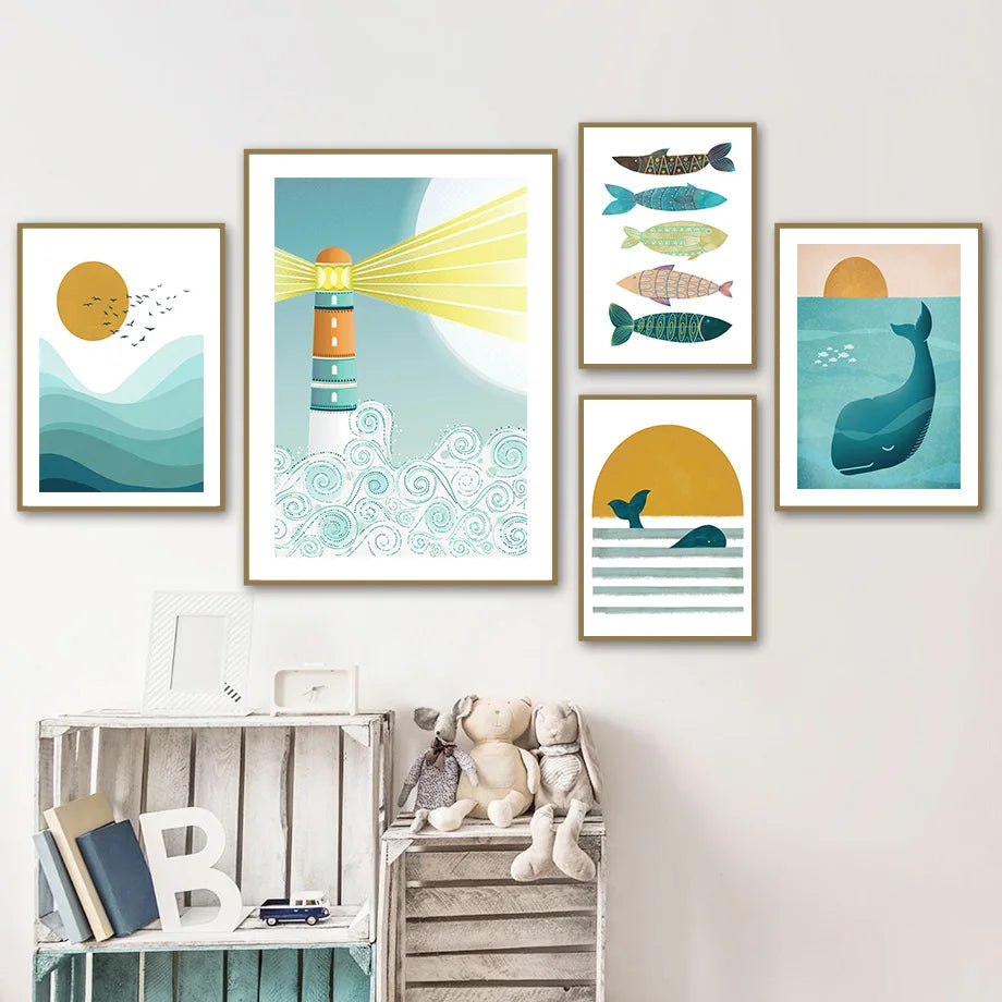 Blue Ocean Sun Fish Whale Lighthouse Nursery Wall Art Canvas Painting Posters And Prints Wall Pictures Baby Room Bedroom Decor