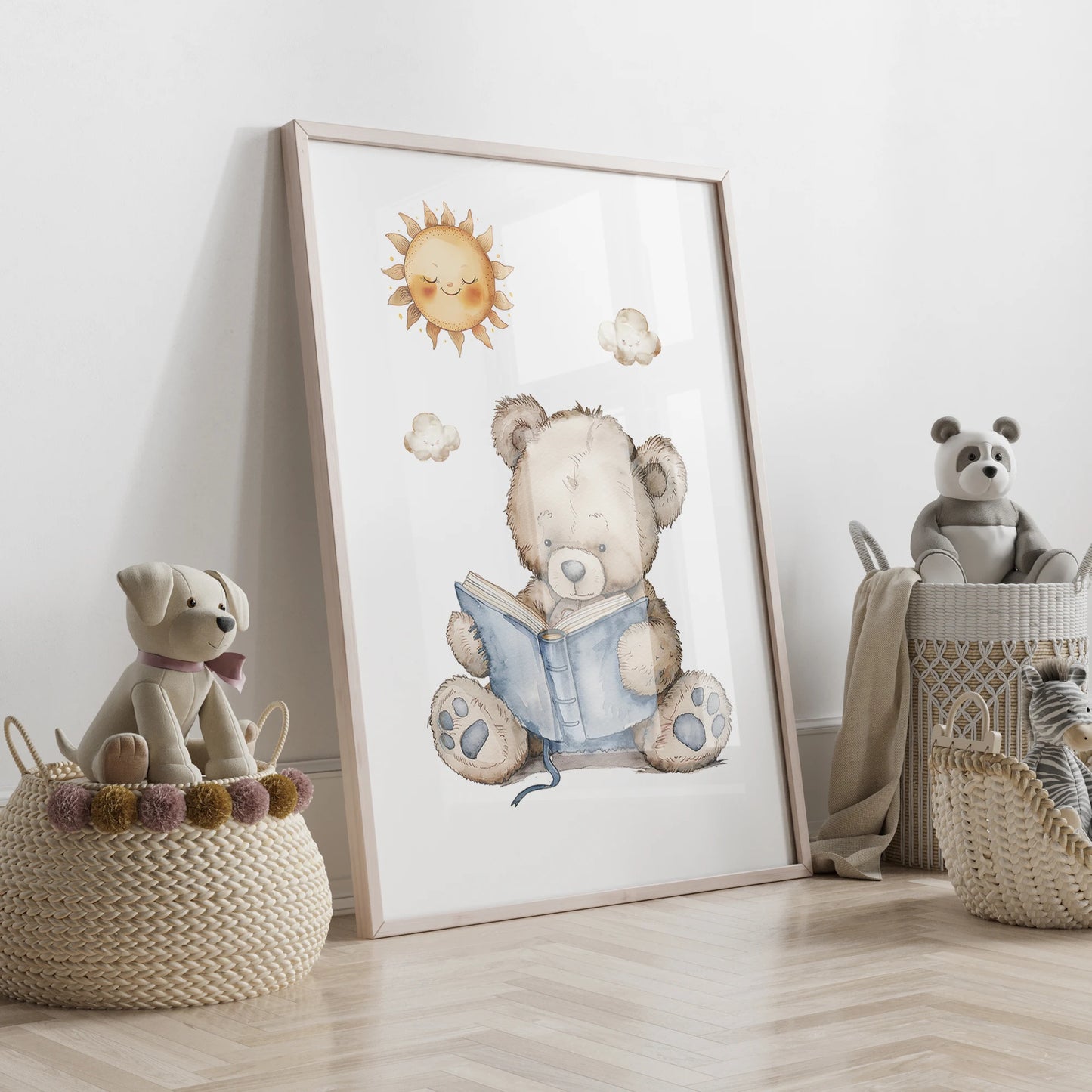 3pcs Personalized Custom Name Cartoon Blue Teddy Bear Wall Art Print Picture Canvas Poster Painting For Living Room Home Decor
