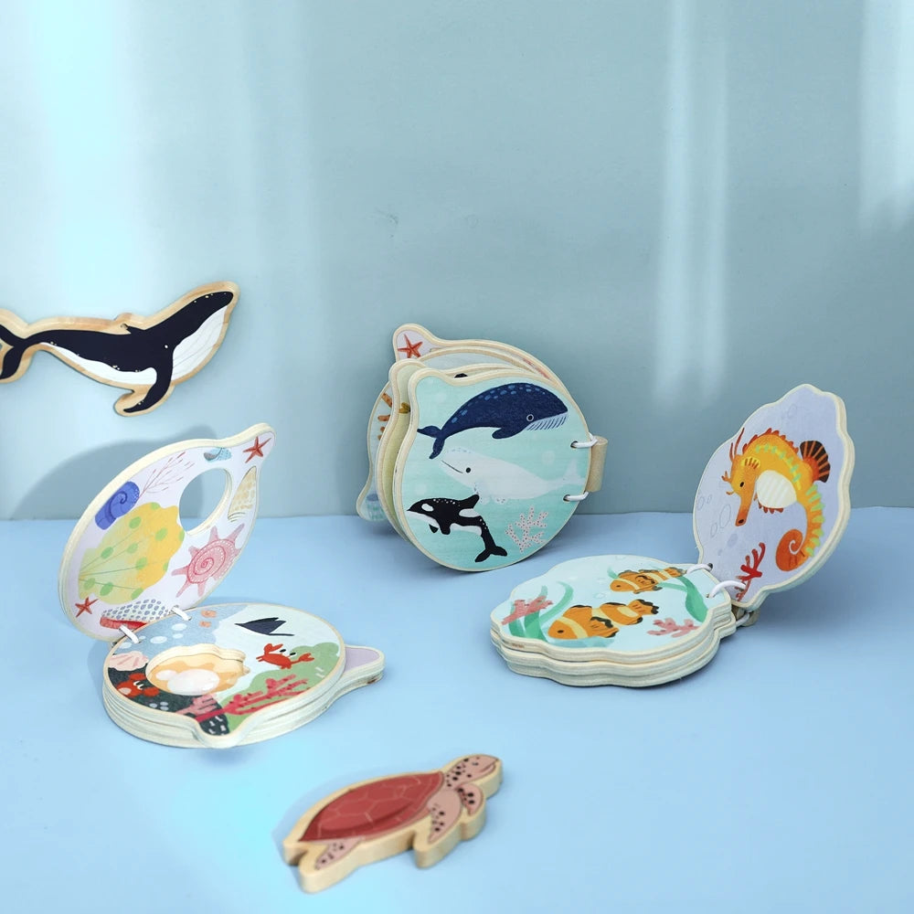 Baby Wooden Book Early Educational Toys Enlightenment Readings Montessori Marine Animals Illustration Cognitive Book for Toddler
