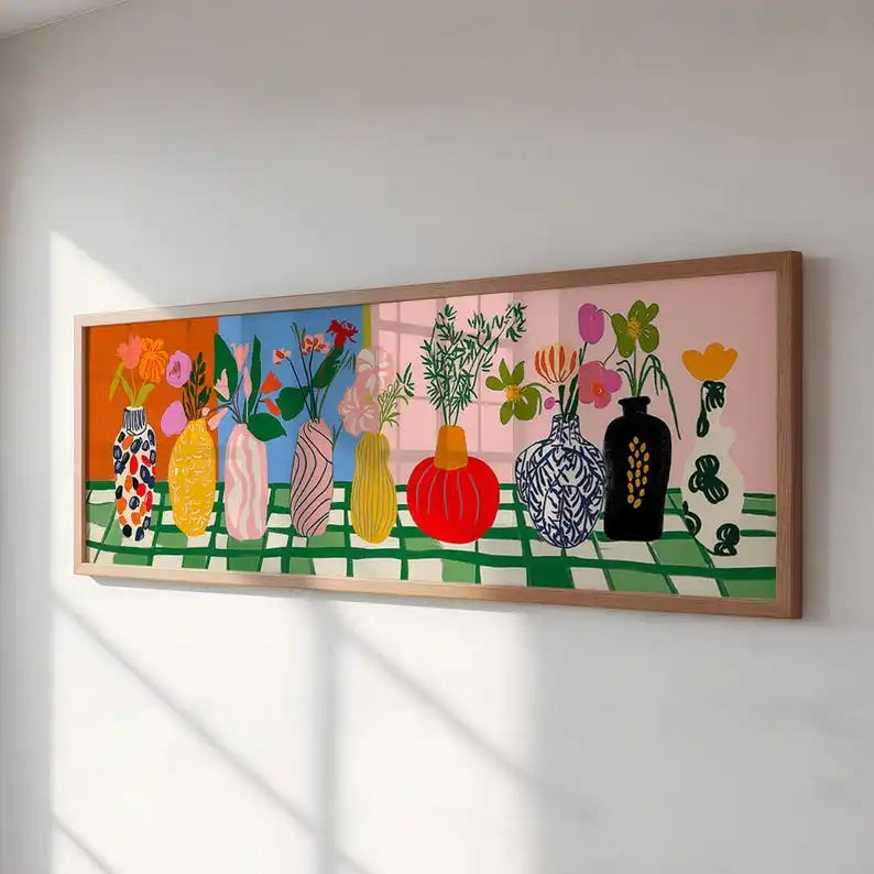 Large Abstract Matisse Style Floral Panoramic Canvas Prints, Unframed Modern Vase Canvas Wall Art for Living Room, Bedroom Decor