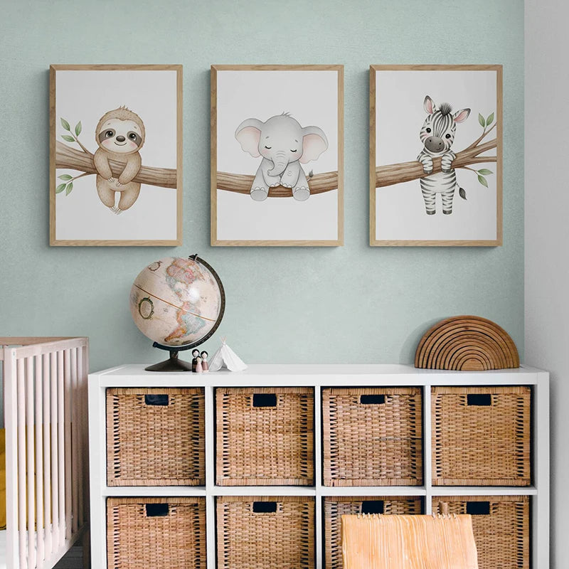 Cute Animal Nursery Wall Art Sloth Elephant Zebra