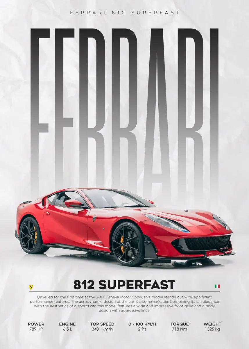 Red Ferrari 812 Superfast sports car poster with specs, ideal for home decor or gifting