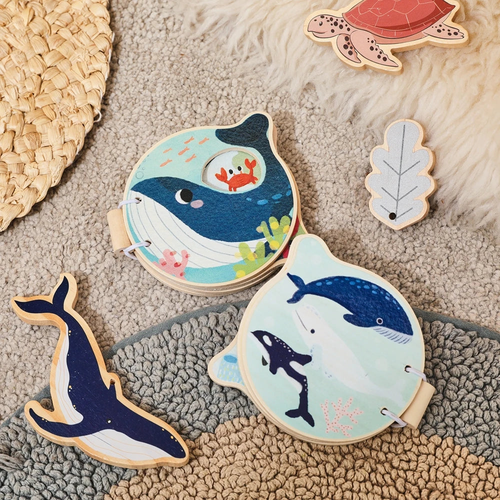 Baby Wooden Book Early Educational Toys Enlightenment Readings Montessori Marine Animals Illustration Cognitive Book for Toddler