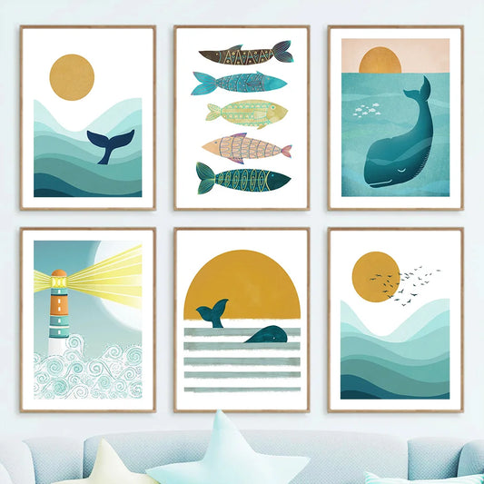 Blue Ocean Sun Fish Whale Lighthouse Nursery Wall Art Canvas Painting Posters And Prints Wall Pictures Baby Room Bedroom Decor